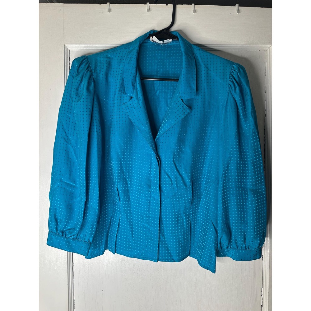 Vintage Maggy London Jeannene Booher Silk Blue Blouse Heart Jacquard Size 10